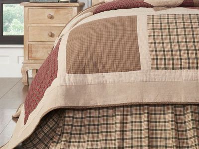 Primitive plaid farmhouse bed skirt in burgundy and neutral tones