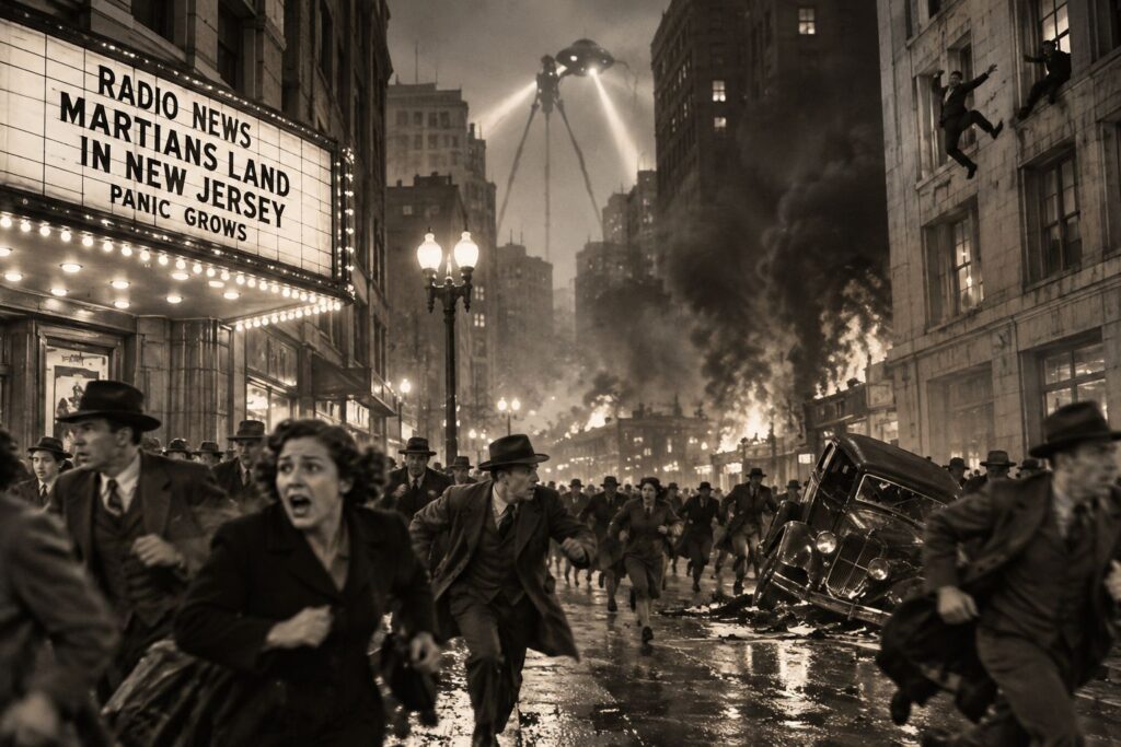Frightened crowds fleeing through a 1930s city street
