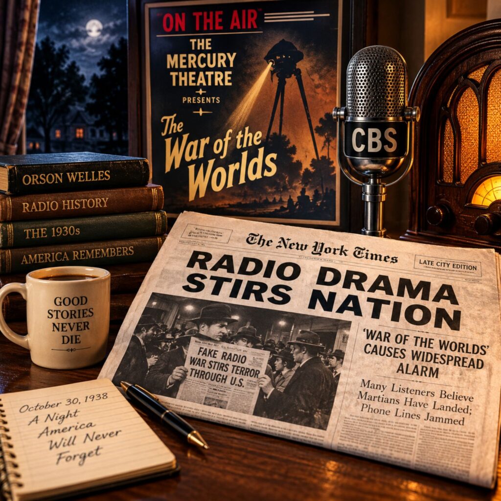 1938 radio desk with vintage microphone, newspaper, and radio