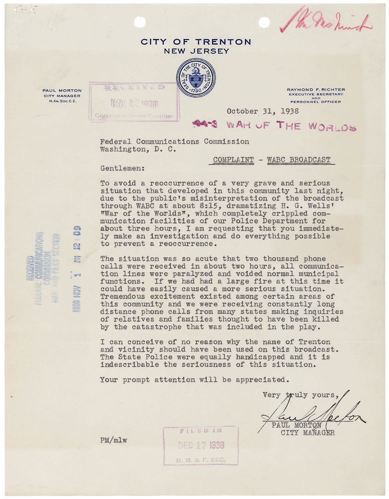 1938 Trenton letter to the FCC about radio broadcast disruption