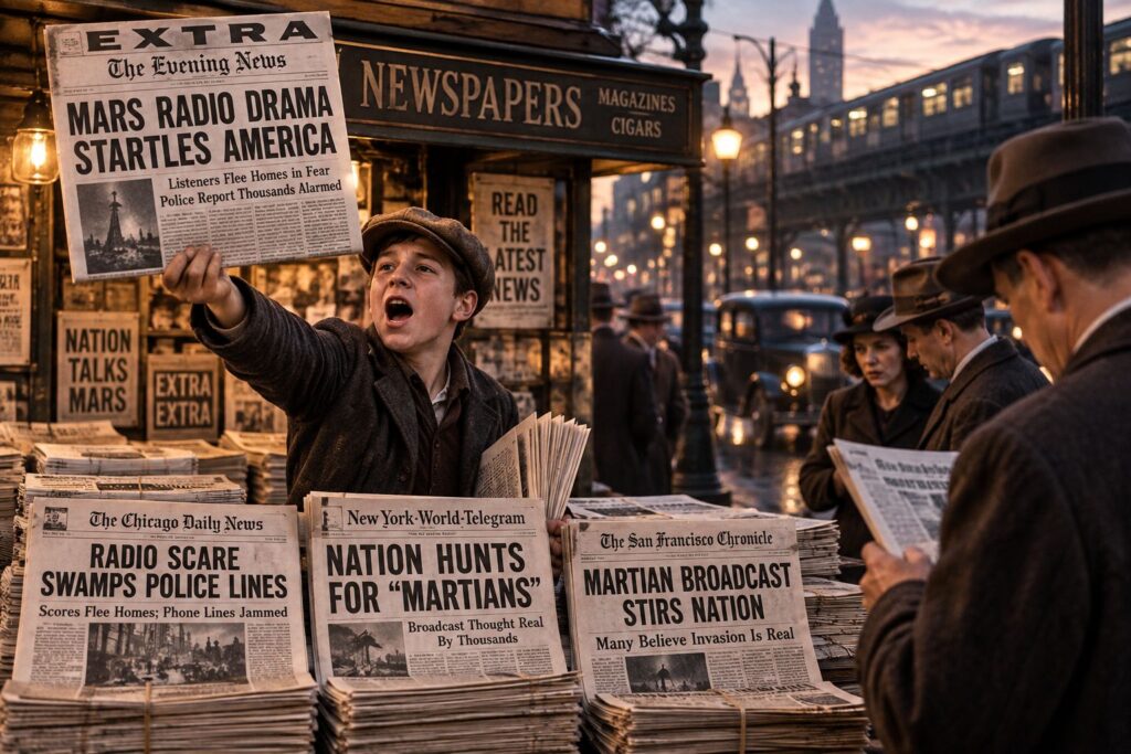 1938-style newsstand with newspapers reporting public alarm