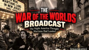 War of the Worlds Broadcast 1938 panic illustrated with Martians landing in New Jersey