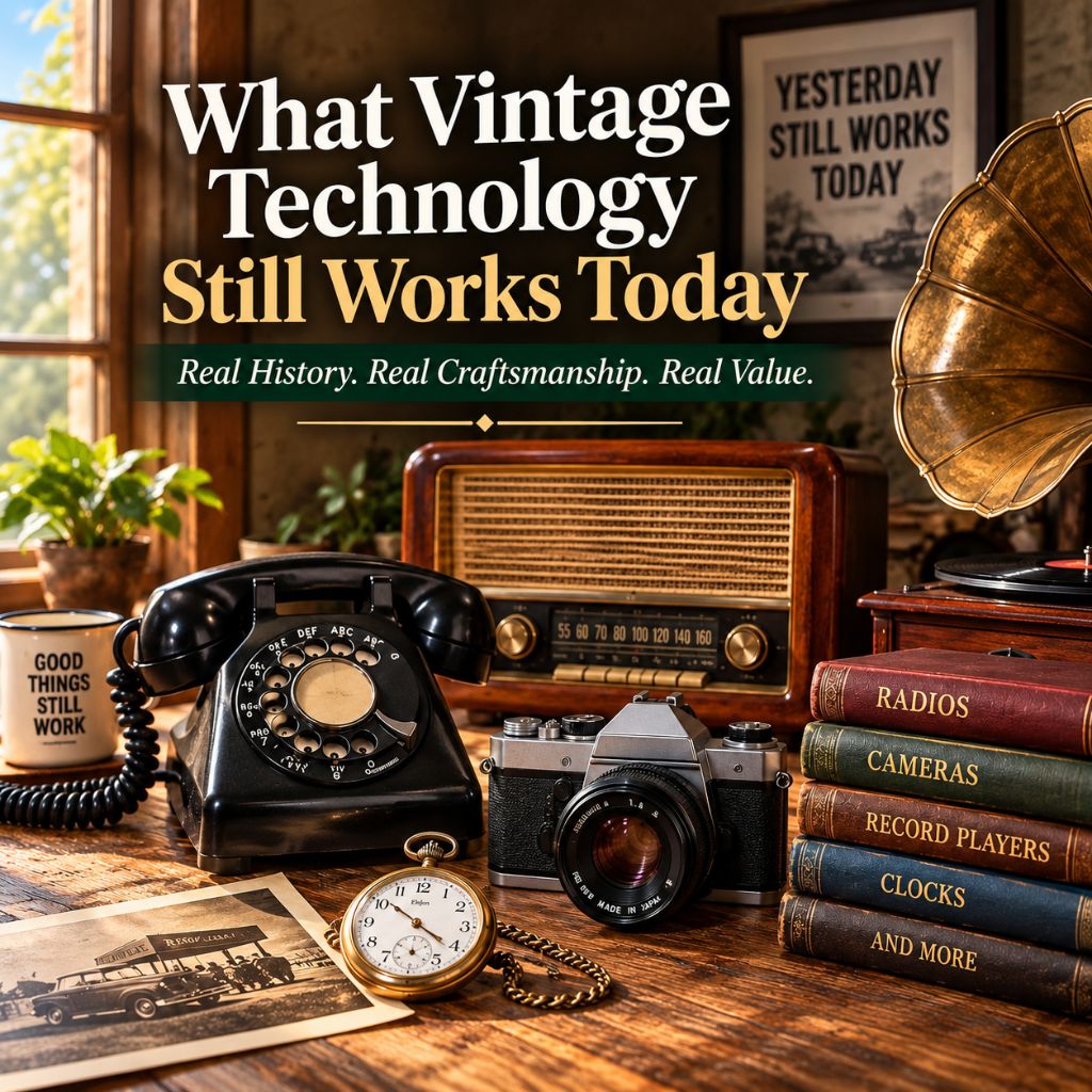 Vintage technology including a rotary phone, radio, camera, record player, and pocket watch