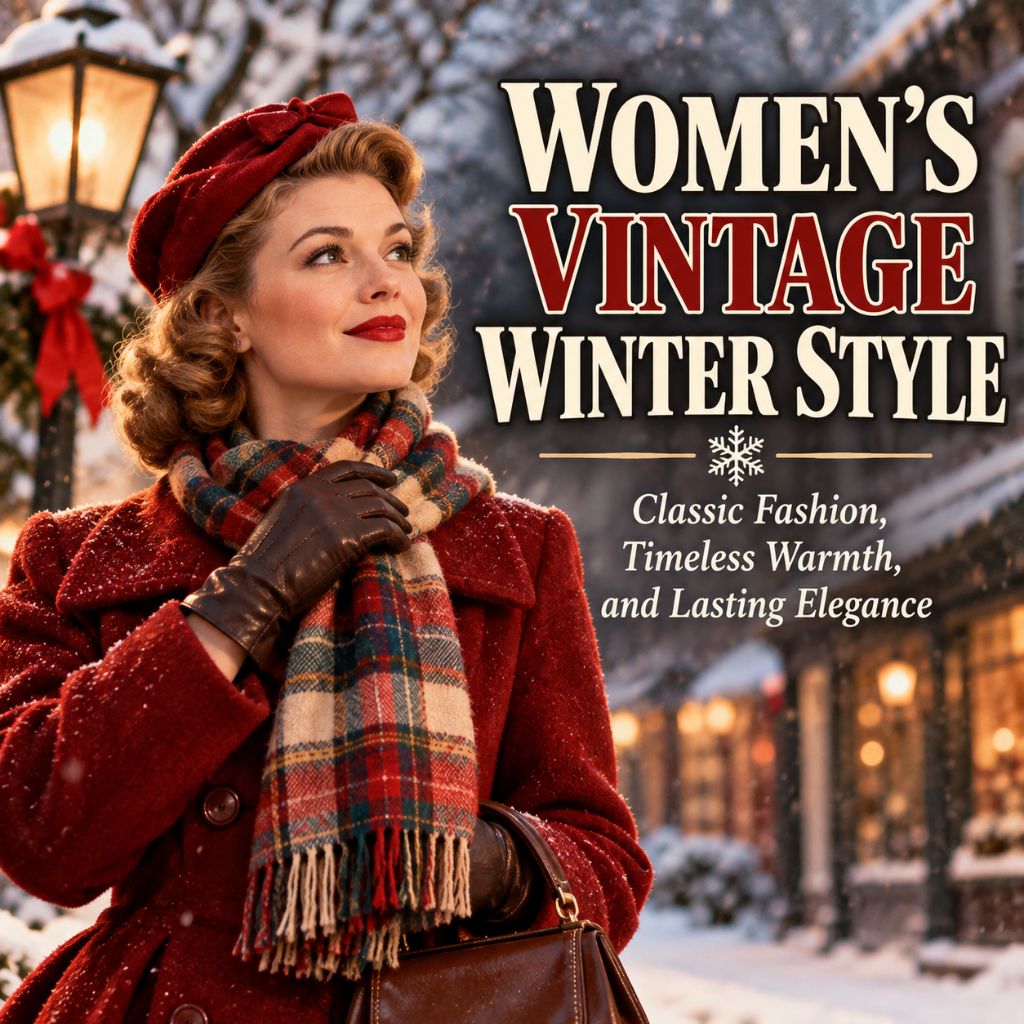Woman wearing a red coat, plaid scarf, gloves, and hat in a vintage winter scene