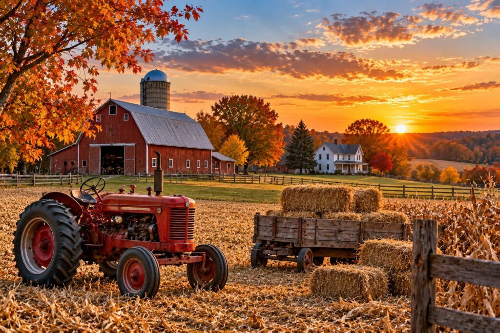 Vintage red tractor and hay wagon beside an American barn and farmhouse at sunset after the autumn harvest.