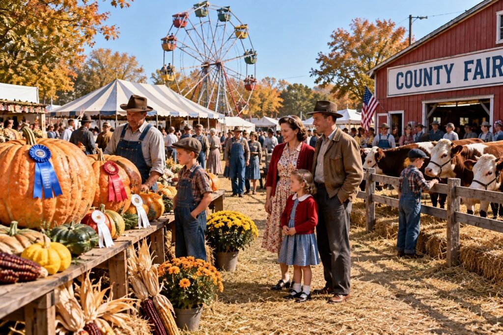 Vintage-style American county fair featuring prize-winning pumpkins, farm animals, families, and a Ferris wheel during autumn harvest season.