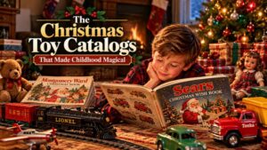 Christmas toy catalogs featuring a child reading a Sears Wish Book surrounded by Lionel trains, Tonka trucks, and classic vintage toys.