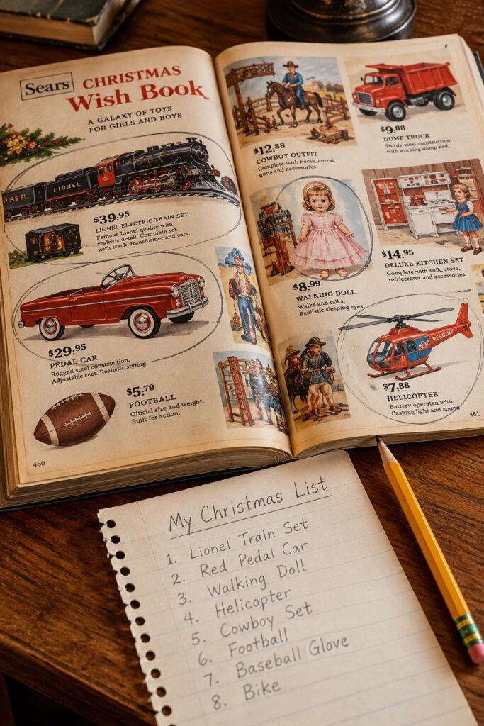 Christmas toy catalogs featuring a Sears Wish Book with circled vintage toys, a handwritten wish list, and a pencil.
