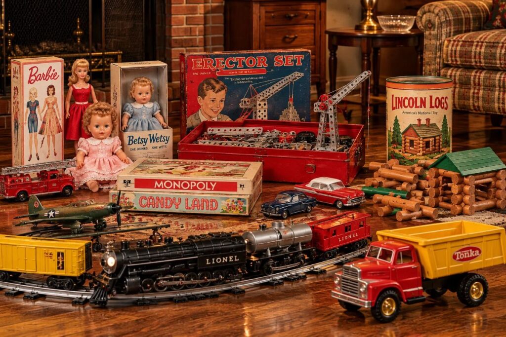 Classic Christmas toys from the 1950s and 1960s, including a Lionel train, Tonka truck, Erector Set, Lincoln Logs, Barbie dolls, and board games.