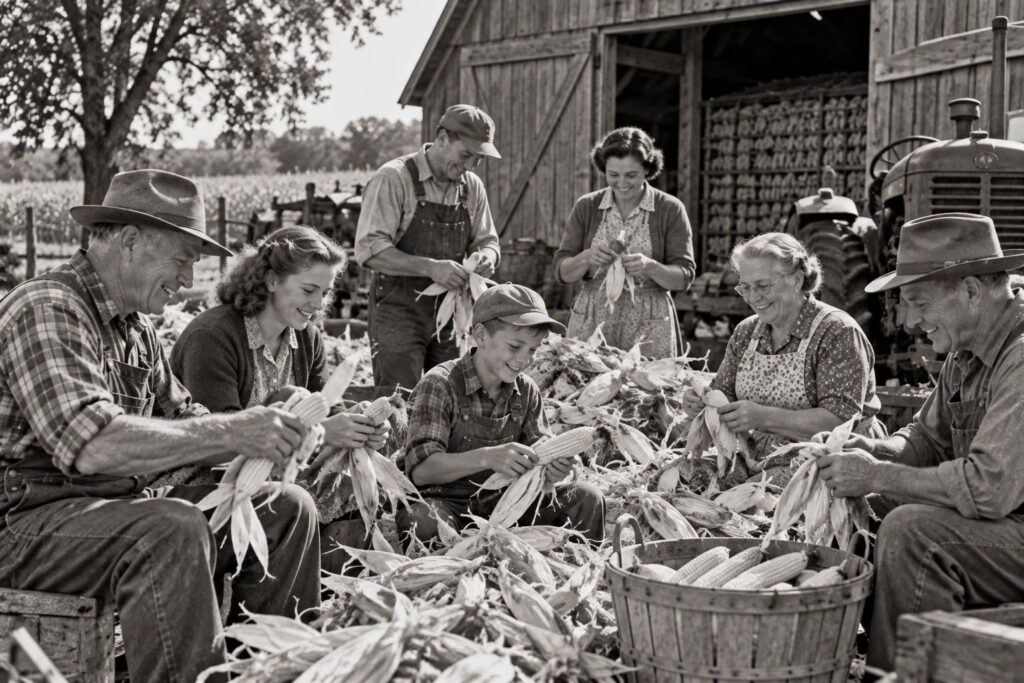 Black-and-white recreation of American farm neighbors and family members husking corn together outside a barn during autumn harvest.