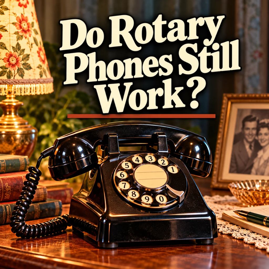 Vintage black rotary telephone on a wooden desk with the headline Do Rotary Phones Still Work?