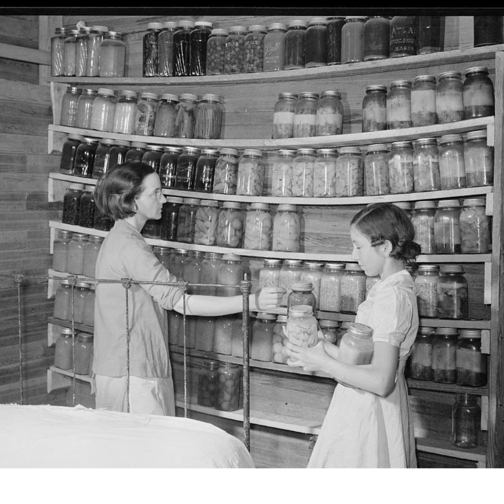 Mother and daughter selecting home-canned food from shelves filled with preserved vegetables and fruit in Alabama, 1939.