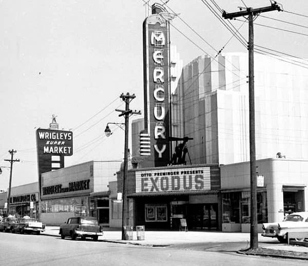 Historic photograph of the Mercury Theater on Schaefer Highway in Detroit, with the movie Exodus advertised on its marquee.