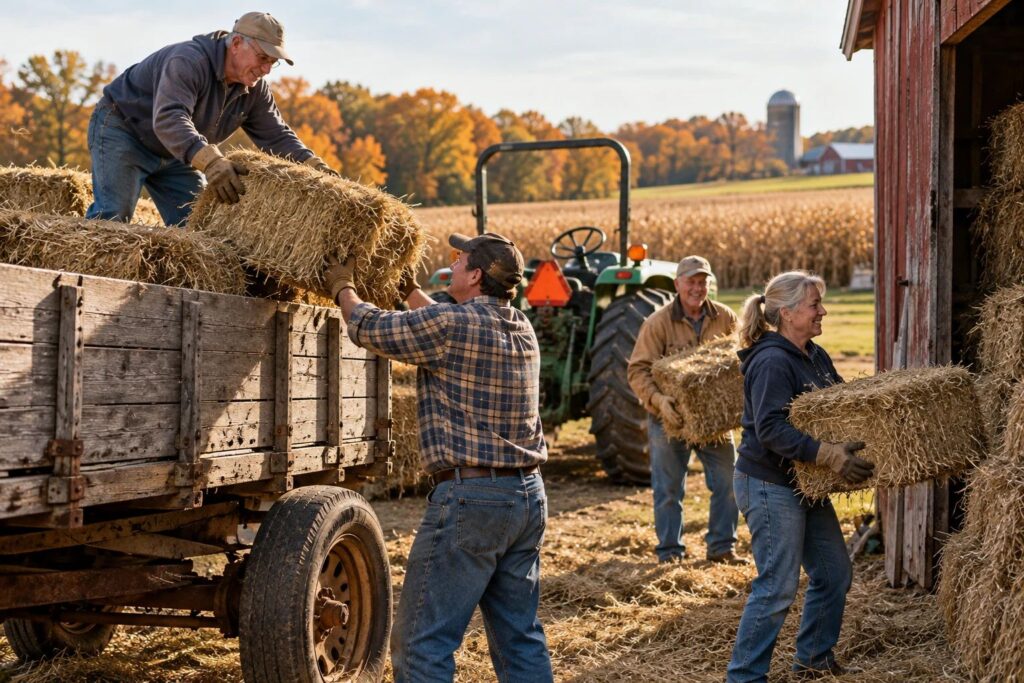 Neighbors working together to load hay into a farm wagon during the autumn harvest in rural America.