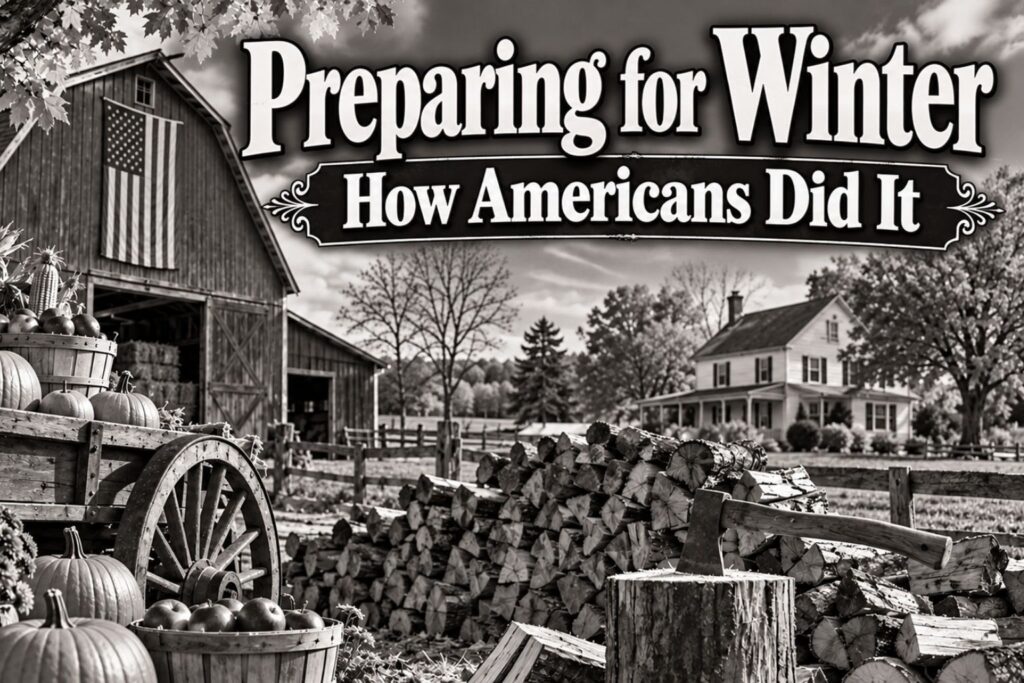 Preparing for Winter: How Americans Did It — vintage black-and-white American farm with pumpkins, barn, and stacked firewood.