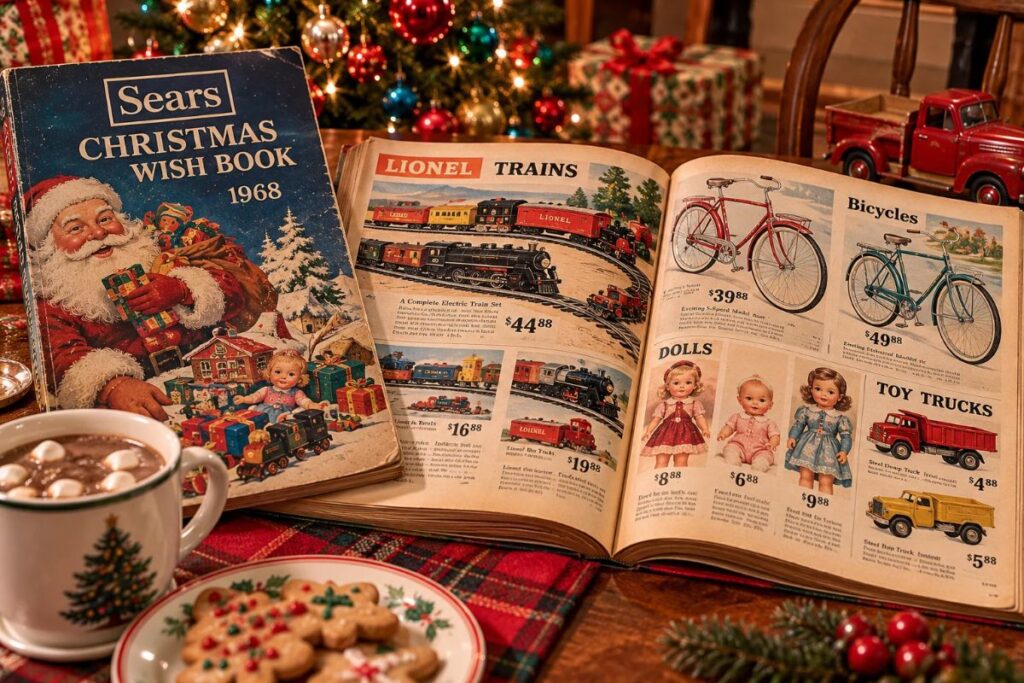 Christmas toy catalogs featuring a vintage Sears Wish Book with Lionel trains, bicycles, dolls, and toy trucks.