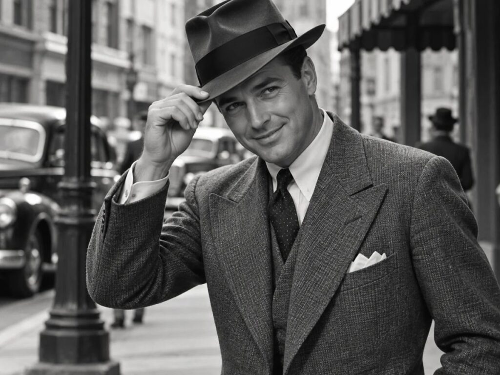 Vintage men's hats illustrated by a 1940s-style gentleman tipping his fedora in greeting