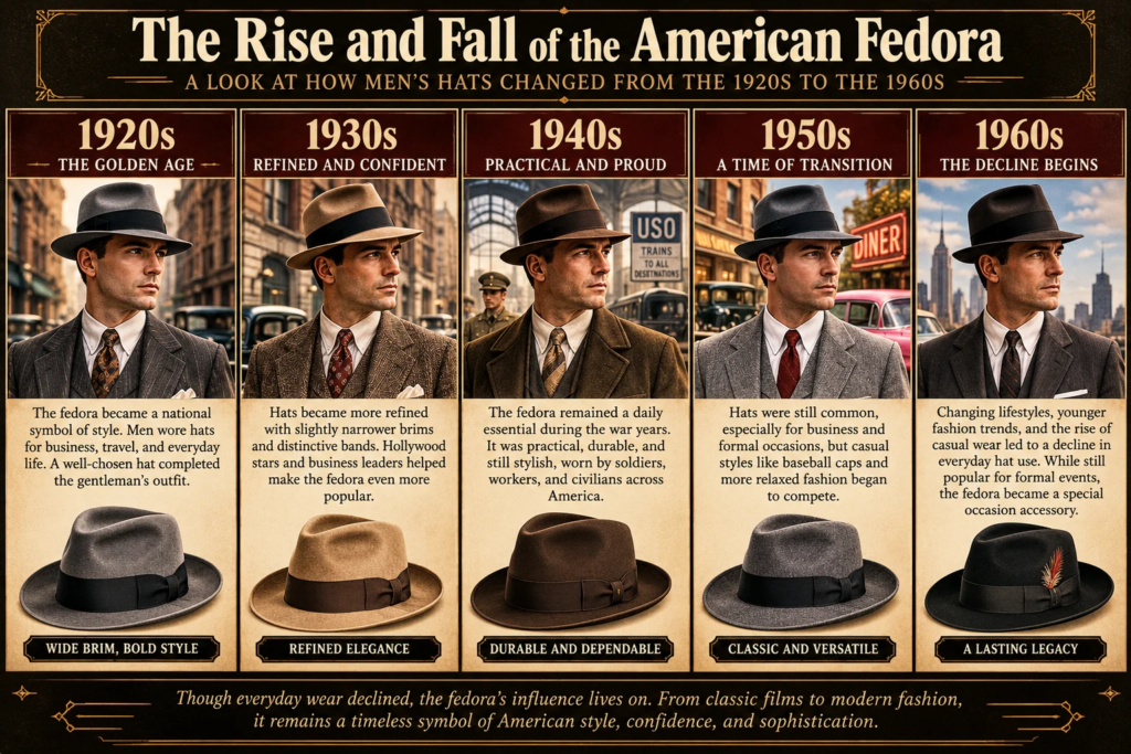 Illustrated timeline showing how American men's fedora hats and fashions changed from the 1920s through the 1960s
