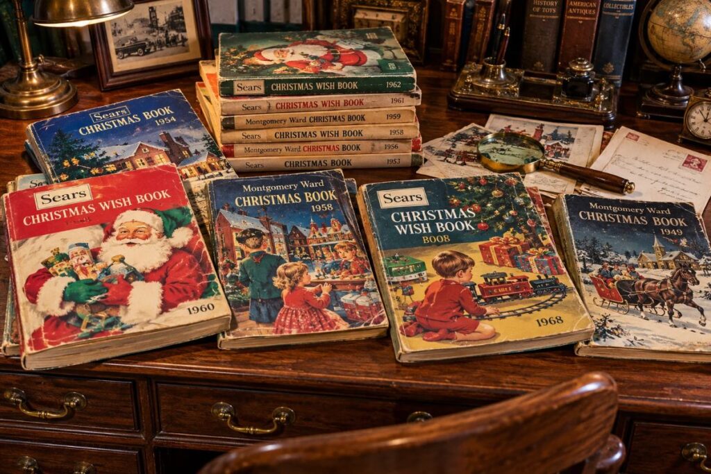 Vintage Christmas toy catalogs from Sears and Montgomery Ward displayed on an antique wooden desk, celebrating American childhood memories.