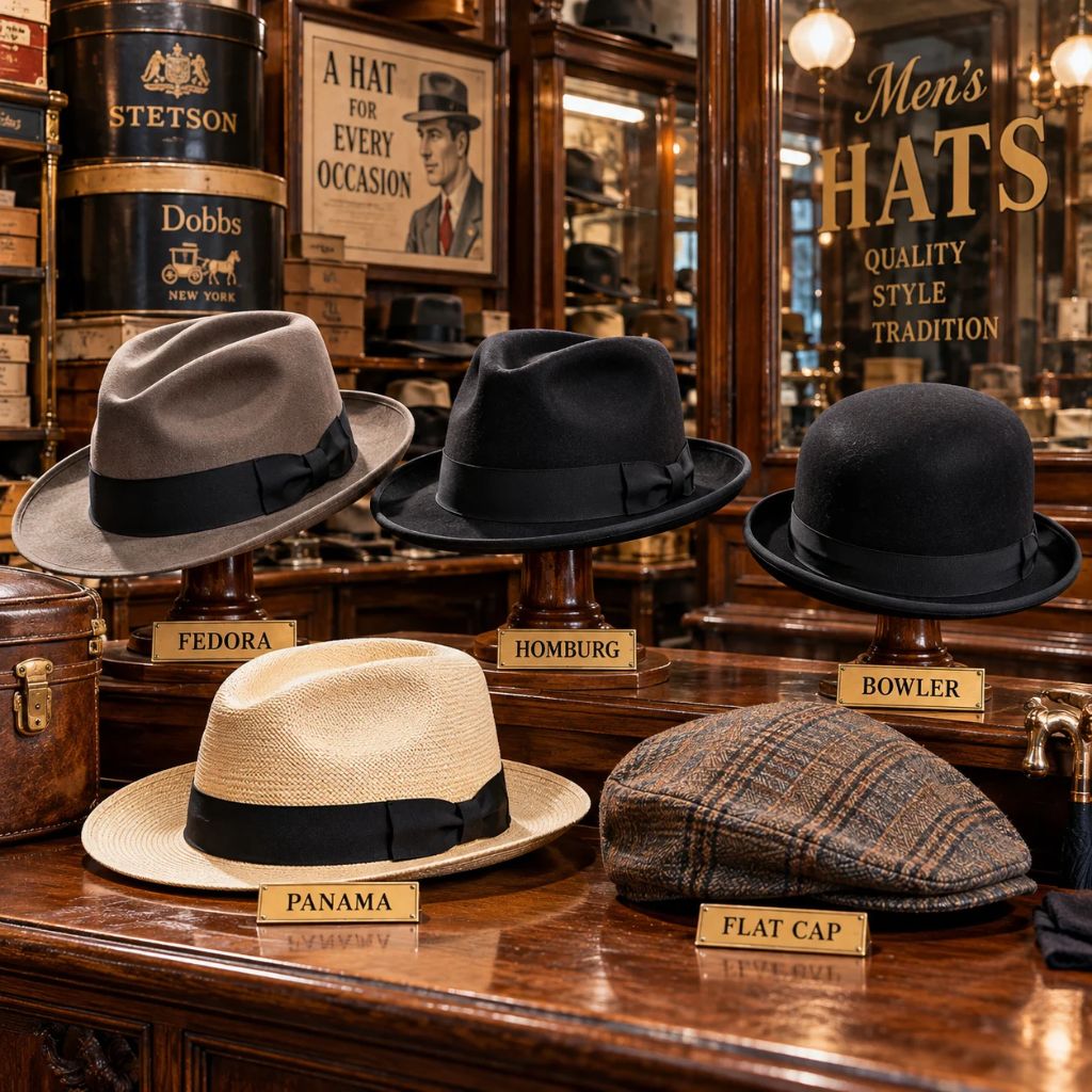 Five classic men's hats are displayed in a vintage hat shop, including a fedora, homburg, bowler, Panama hat, and flat cap.