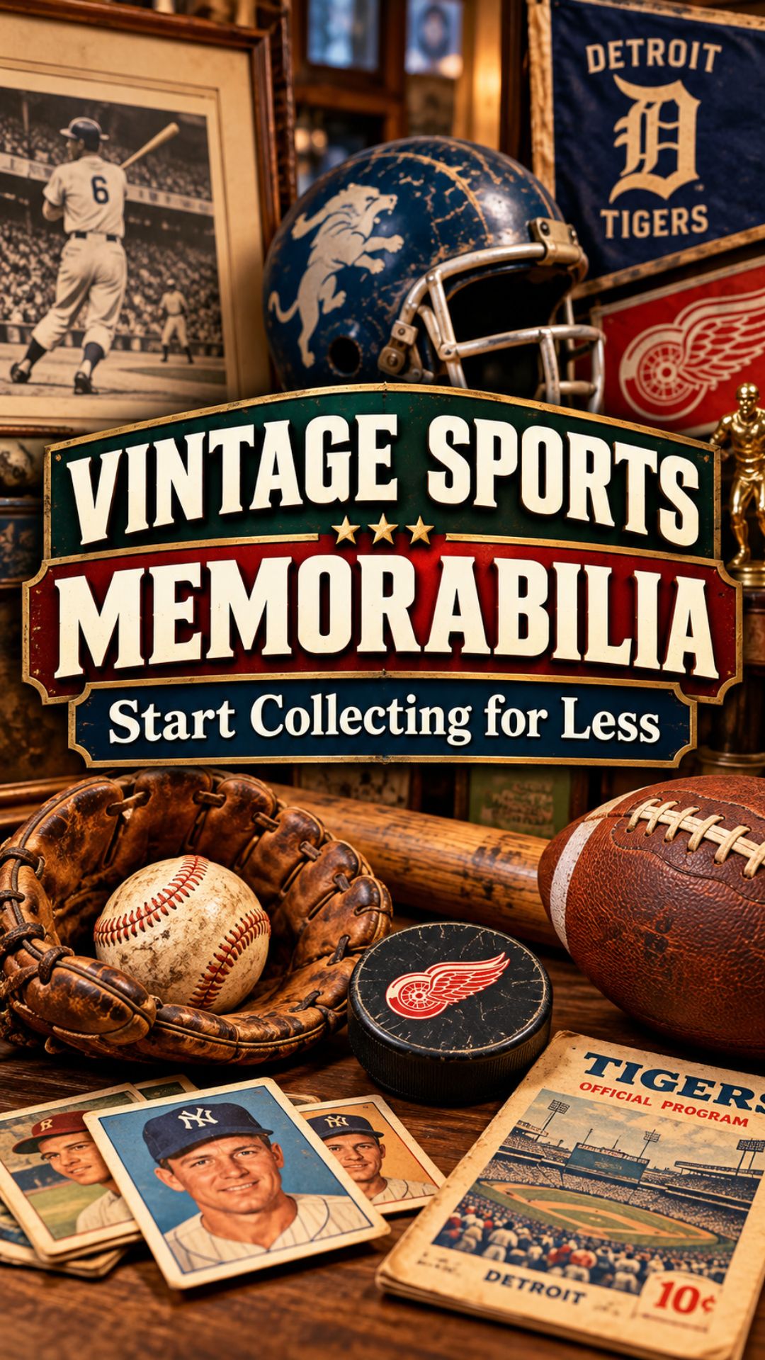 Vintage sports memorabilia featuring Detroit Tigers baseball collectibles, a Lions helmet, Red Wings hockey puck, and antique sports equipment