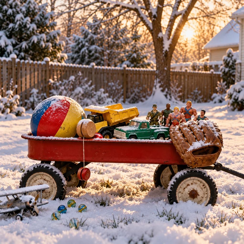 Vintage toys in a red wagon on a snowy backyard, including toy trucks, action figures, a baseball glove, and a colorful ball.