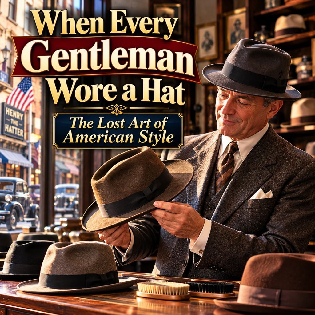 Vintage men's hats displayed in a traditional American hat shop, with a gentleman examining a classic fedora.