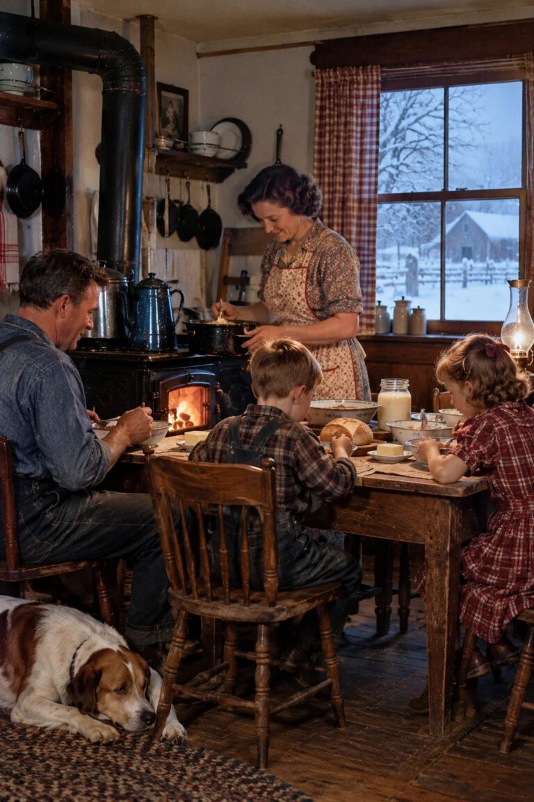 Vintage-style American farmhouse kitchen with a family sharing supper beside a wood-burning stove on a snowy winter evening.