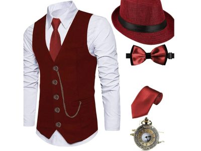 1920s Mens Costume Fedora Hat, Gatsby Gangster Vest, Vintage Pocket Watch, Pre-Tied Bow Tie