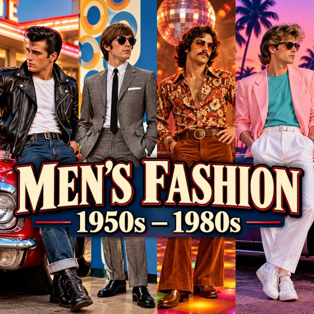 Men representing fashion styles from the 1950s through the 1980s