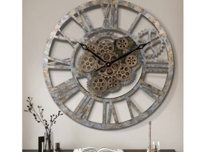 23 Inch Real Moving Gear Wall Clock, Steampunk Wooden Large Wall Clock for Living Room Decor, Farmhouse