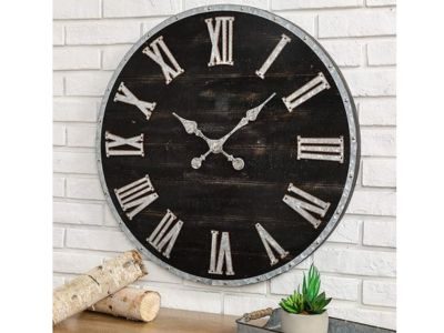 28-Inch Huge Wall Clock Chic Distressed Black Clock Antique Rustic Wooden Clock Silent Non-Ticking Battery Operated Roman Numerals for Office Living Room, Farmhouse, and Kitchen Decor