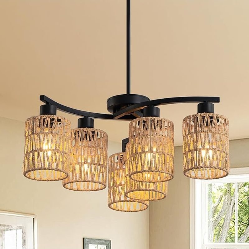 6-Light Boho Rattan Chandelier for Dining Room,Farmhouse Chandeliers Light Fixture,Adjustable Height Hanging Pendant Lighs for Kitchen Island,Wicker Lampshade Ceiling Lighting Fixtures