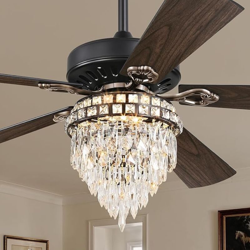 60 Inch Farmhouse Fandelier Ceiling Fans with Light, Crystal Ceiling Fan Chandelier with 6 Speeds, Quiet Reversible Noiseless DC Motor