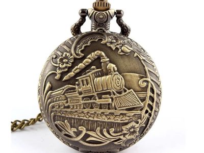 Antique Case Vintage Brass Rib Chain Train Pattern Quartz Pocket Watch