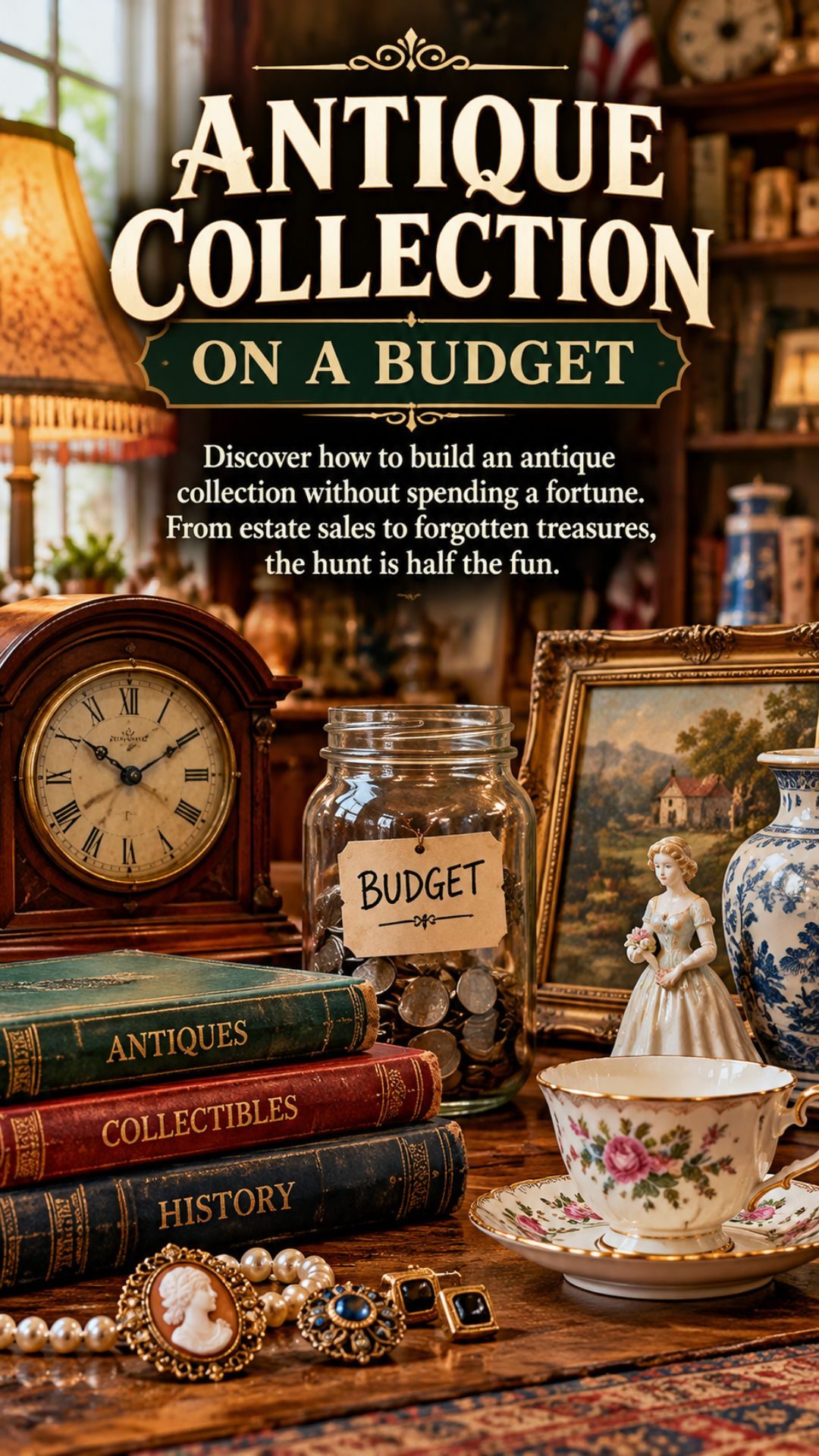 Antique collection on a budget featuring a savings jar, vintage clock, stained-glass lamp, antique books, and porcelain teacup