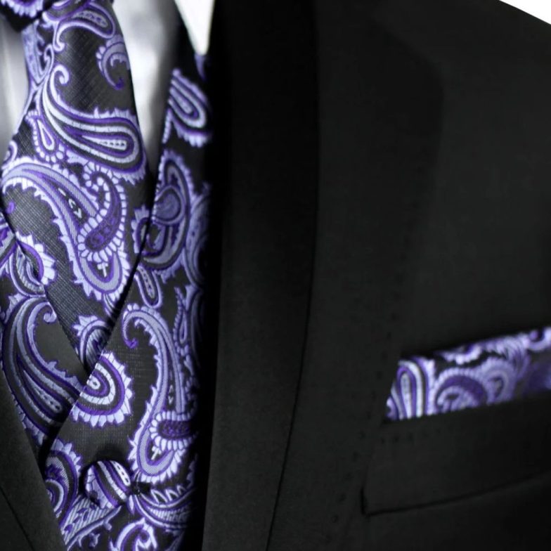 BEST TUXEDO Men's Formal, Wedding, Prom, Homecoming, Tuxedo Vest, Tie & Hankie Set in Purple Paisley