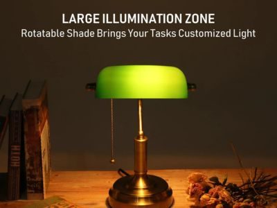 Bankers Lamp Green, Vintage Library Lamp with Pull Chain, Traditional Green Glass Desk Lamp for Home Office, Study Room, Library, LED Bulb Included