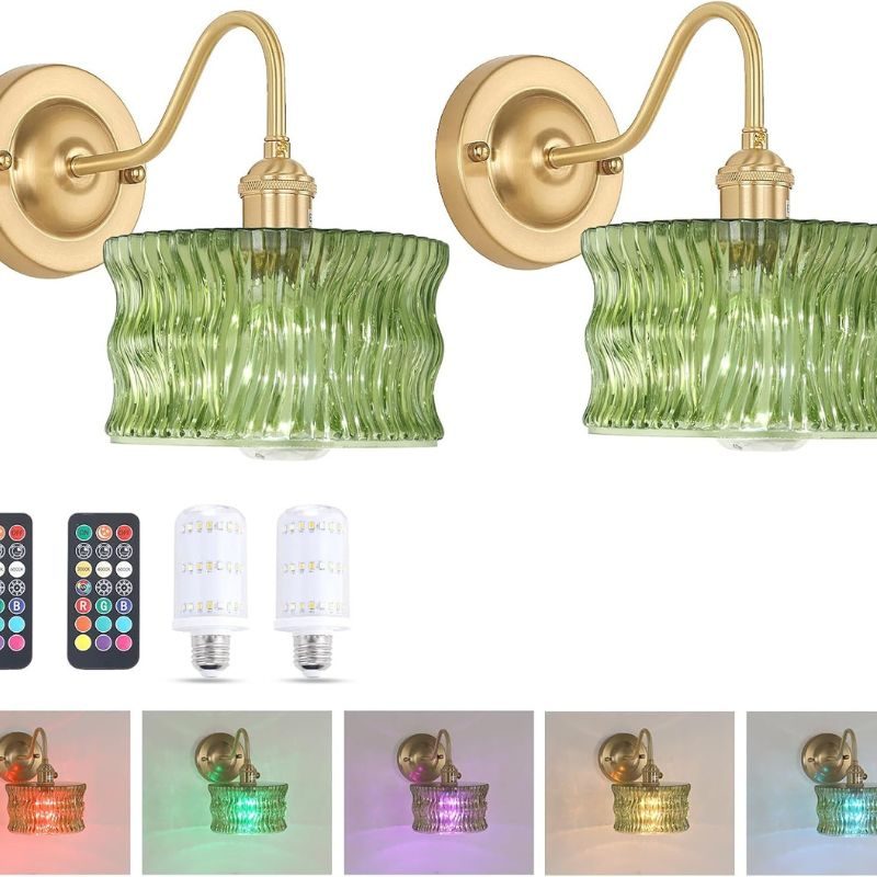 Battery Operated Wall Sconce Set of 2, Vintage Rechargeable Wall Lights with Green Ripple Glass Shade, Wireless Indoor Wall Lamp with Remote for Bedroom Living Room Bathroom