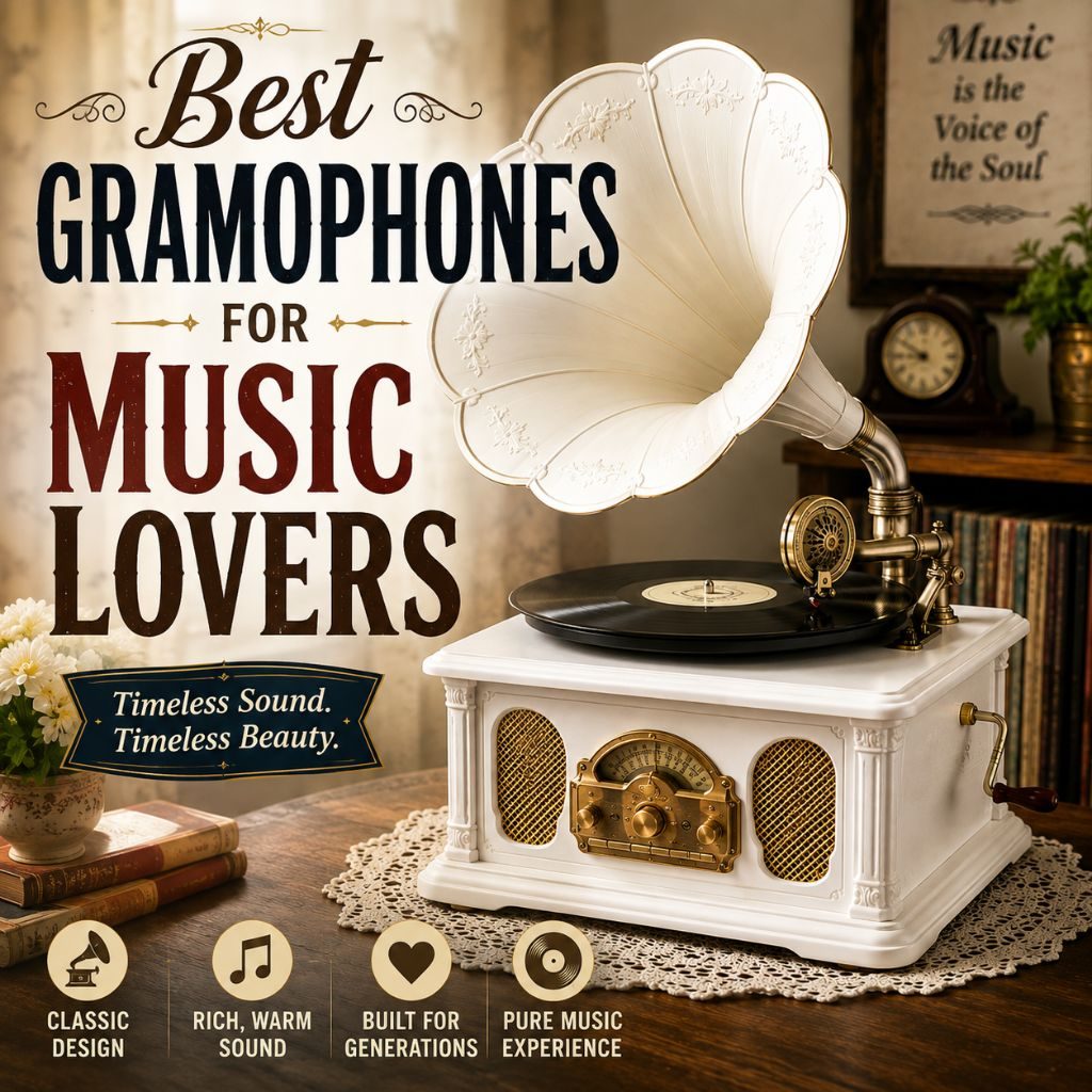Elegant white vintage gramophone with an ornate horn playing a vinyl record in a cozy, nostalgic listening room.