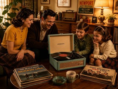 Family listening to a vintage record player together in a nostalgic mid-century living room