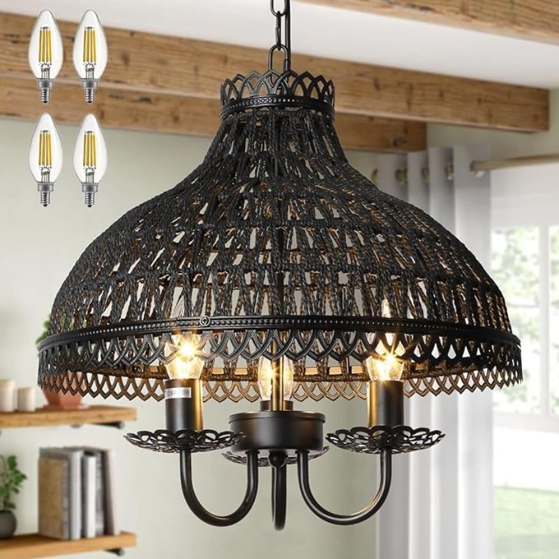 Black Rattan Chandeliers Rustic Farmhouse Hand Woven Bamboo Chandelier with 4 Bulbs Modern Boho Chandelier for Dining Room, Living Room, Kitchen Island, Bedroom, Hallway, E12
