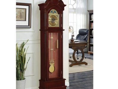 Bowery Hill Grandfather Clock with Adjustable Volume Digital Chime in Brown Red