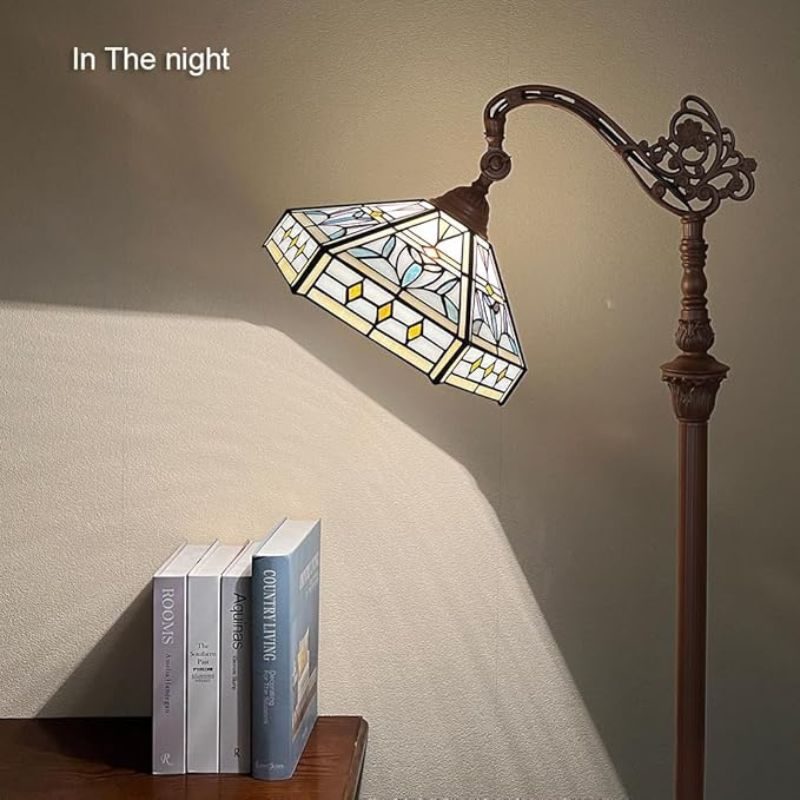 Capulina Tiffany Floor Lamp 62 Inches Tall Mission Hexagon Virgin Style Stained Glass Soft Light Arched Gooseneck Adjustable Angle Reading Floor Lamp for Living Room Bedroom Home Office