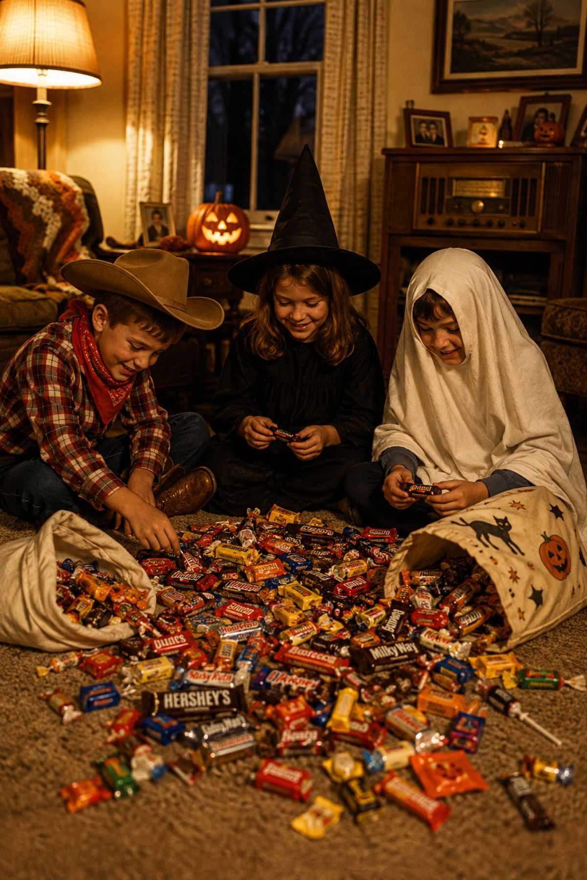 Kids sorting their trick-or-treat candy on the living room floor