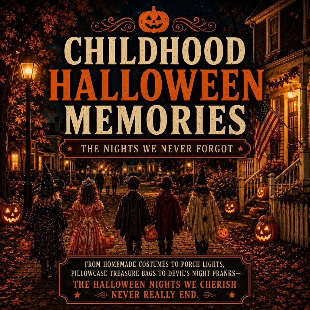 Children trick-or-treating on a nostalgic neighborhood Halloween night
