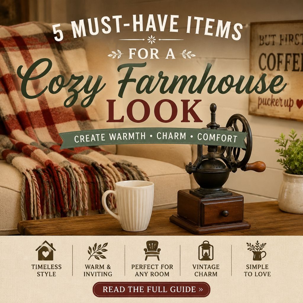 Cozy farmhouse living room with plaid throw, vintage coffee grinder, rustic décor, and warm country accents.