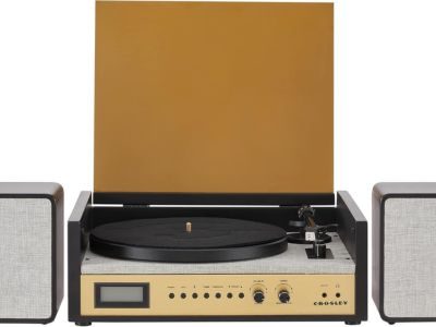 Crosley C62B Shelf System turntable with separate stereo speakers and walnut finish, recommended for vintage-style home audio.