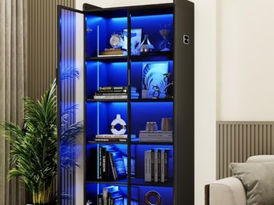 Display Cabinet with Doors and Adjustable Shelves, 65″ Tall Bookcase with LED LightsHuman Sensor Display Cabinet with Doors and Adjustable Shelves, 65" Tall Bookcase with LED LightsHuman Sensor