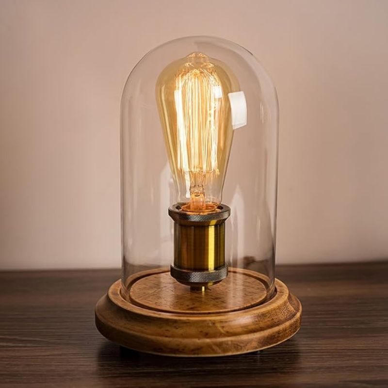 Farmhouse Table Lamp, Vintage Desk Decor with Glass Shade, Edison Bulb Included
